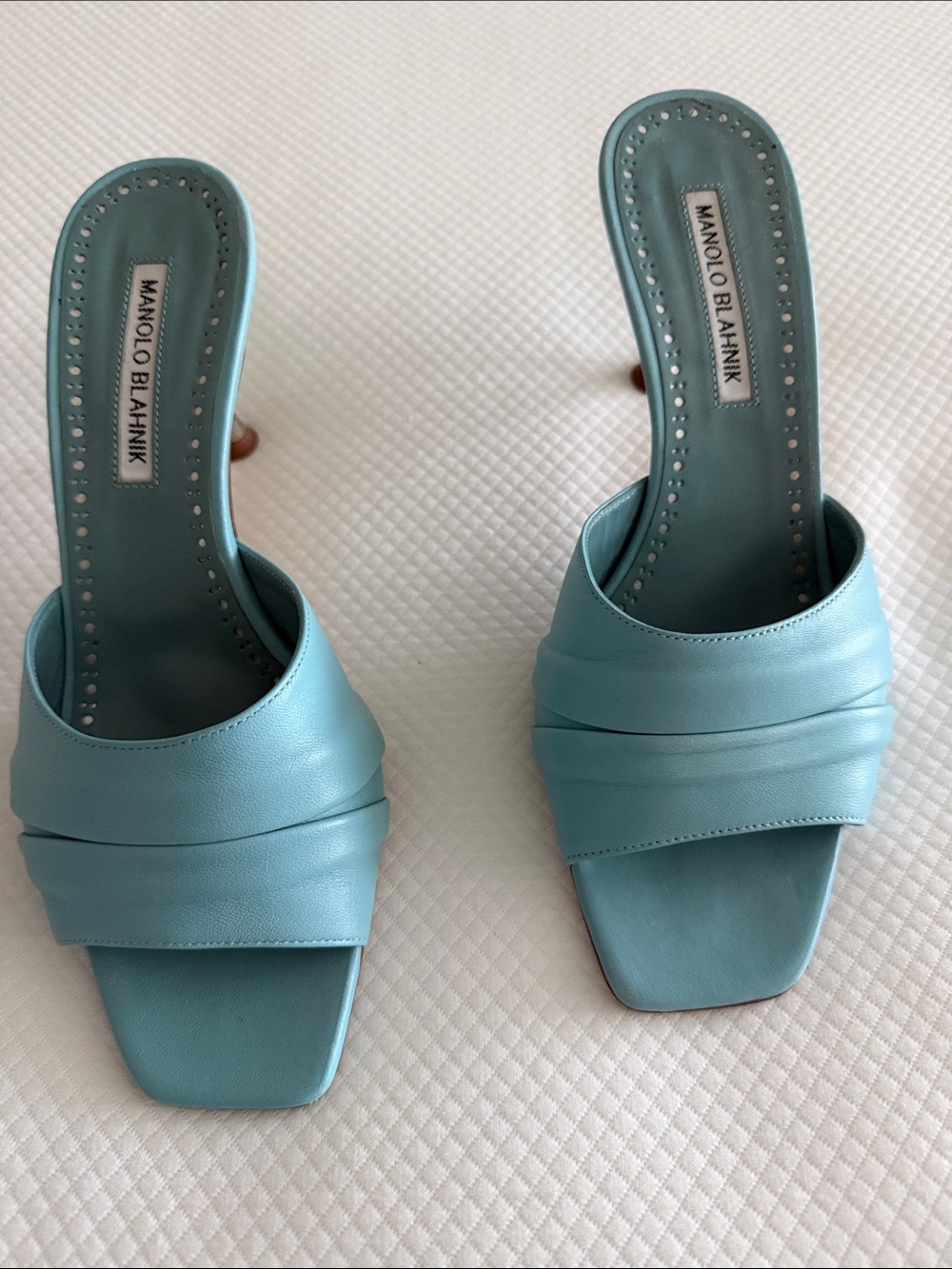 Manolo Blahnik Aqua Blue Leather Slide Mules, Picoux 70